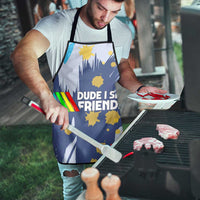 Dude I Said Friendly Graphic Apron with Gold Paint Splatter and Retro Stripes