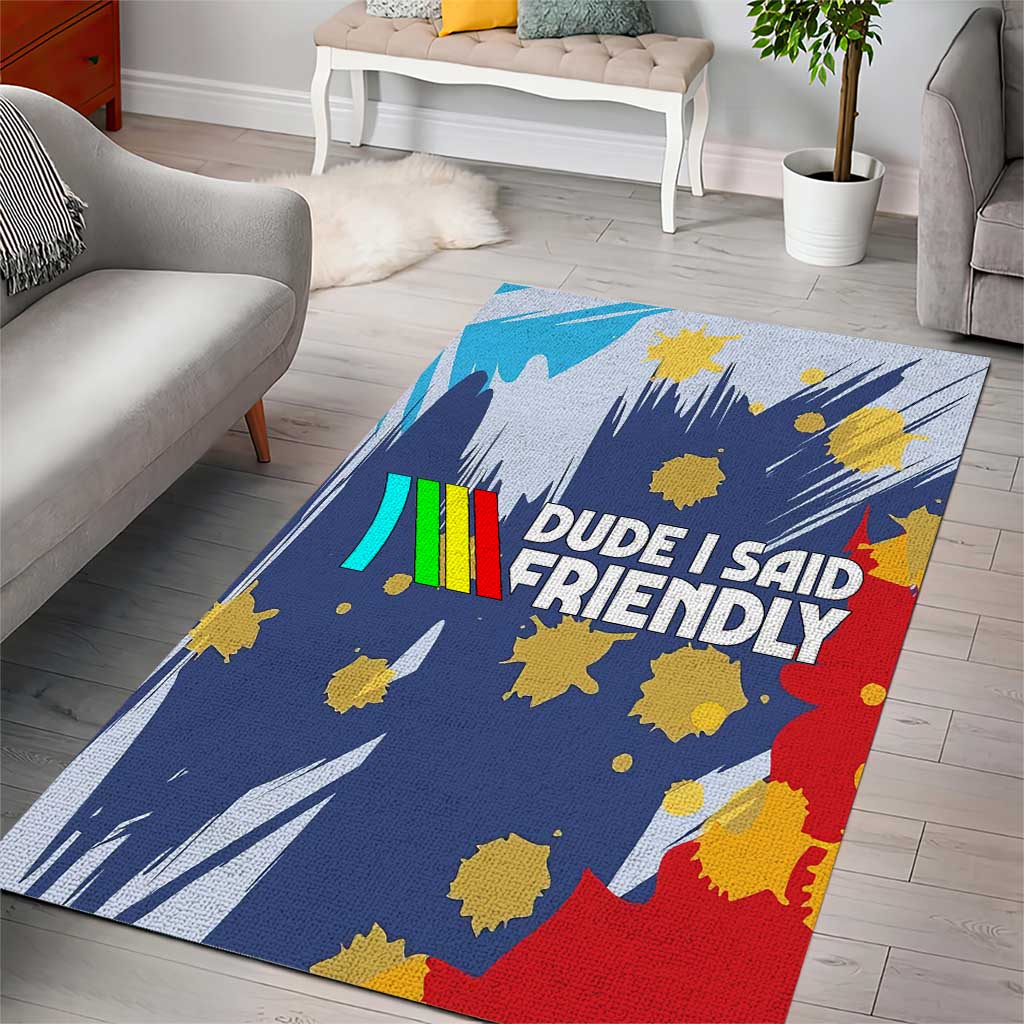 Dude I Said Friendly Graphic Area Rug with Gold Paint Splatter and Retro Stripes