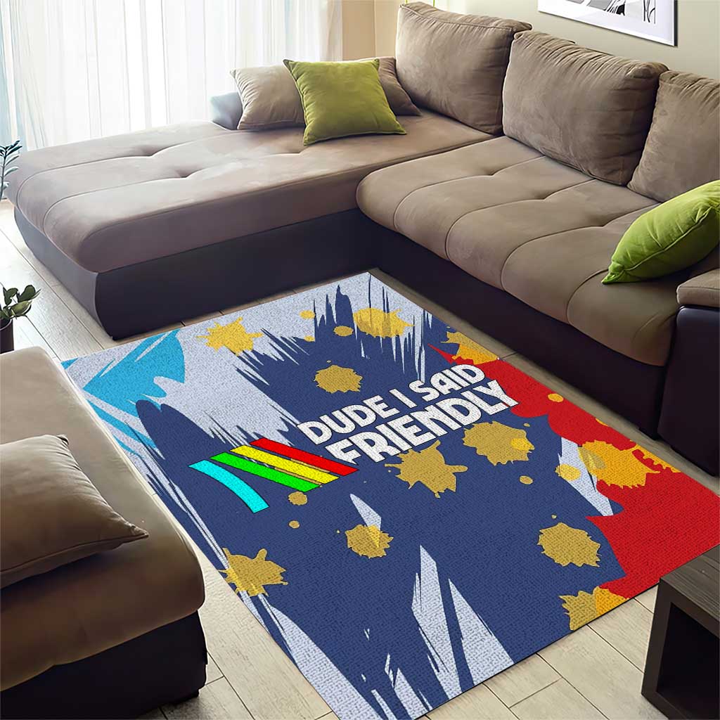 Dude I Said Friendly Graphic Area Rug with Gold Paint Splatter and Retro Stripes