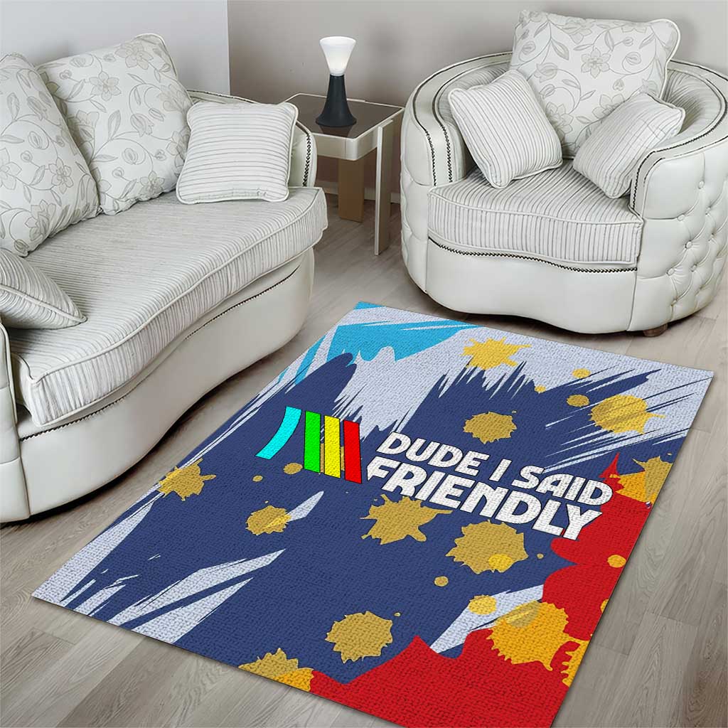 Dude I Said Friendly Graphic Area Rug with Gold Paint Splatter and Retro Stripes