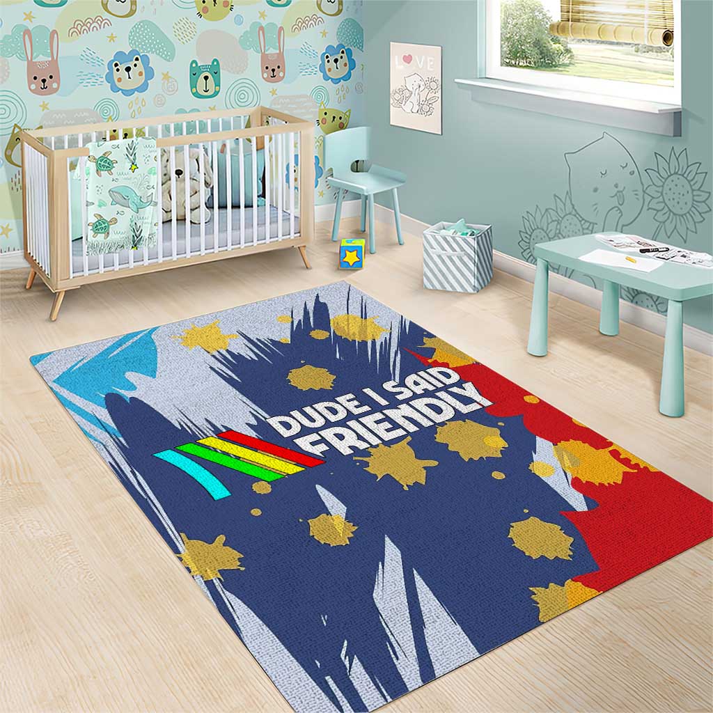 Dude I Said Friendly Graphic Area Rug with Gold Paint Splatter and Retro Stripes