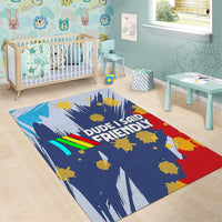 Dude I Said Friendly Graphic Area Rug with Gold Paint Splatter and Retro Stripes