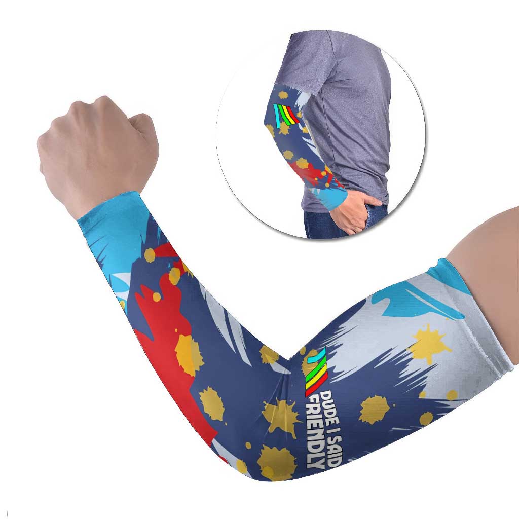 Dude I Said Friendly Graphic Arm Sleeves with Gold Paint Splatter and Retro Stripes