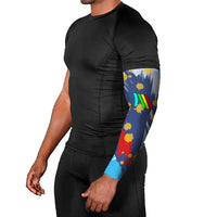 Dude I Said Friendly Graphic Arm Sleeves with Gold Paint Splatter and Retro Stripes