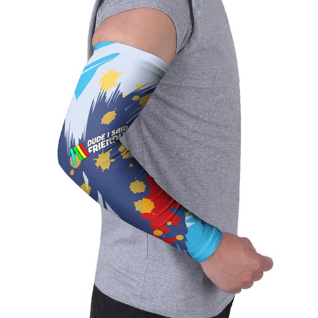 Dude I Said Friendly Graphic Arm Sleeves with Gold Paint Splatter and Retro Stripes