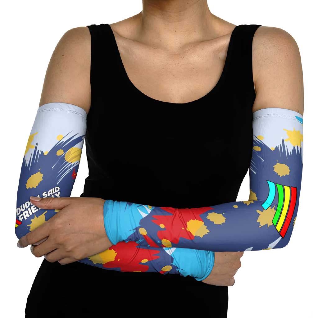 Dude I Said Friendly Graphic Arm Sleeves with Gold Paint Splatter and Retro Stripes