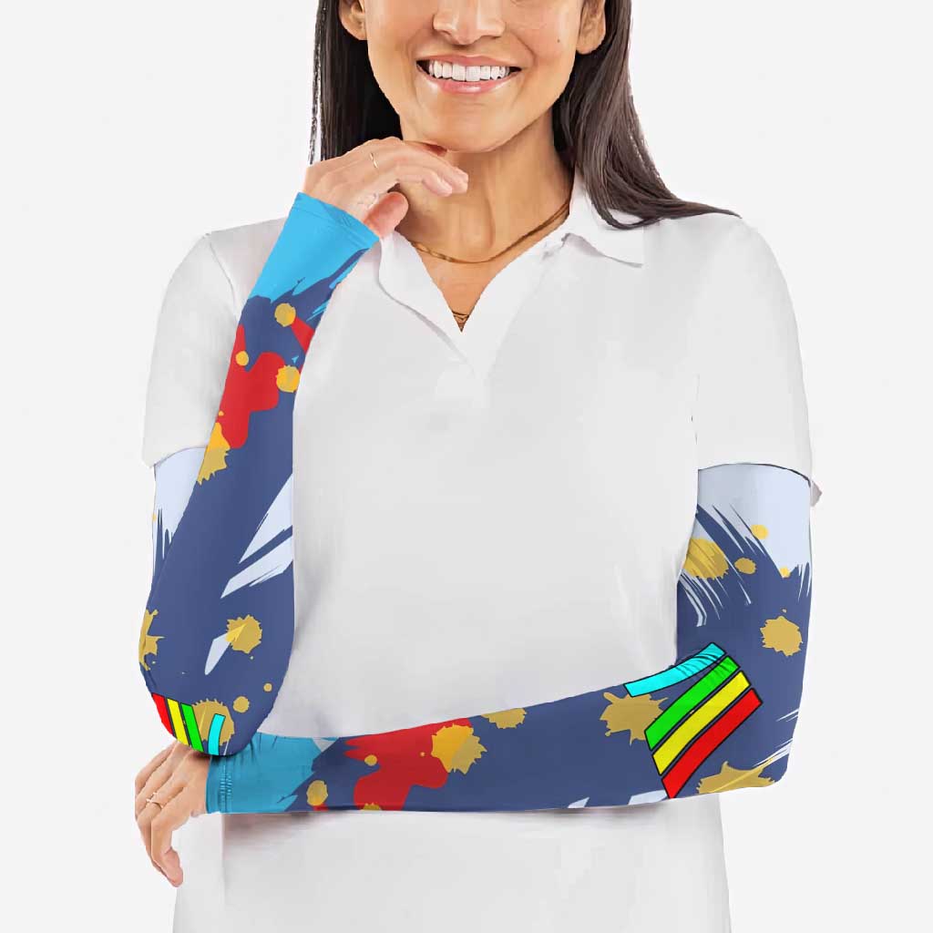 Dude I Said Friendly Graphic Arm Sleeves with Gold Paint Splatter and Retro Stripes