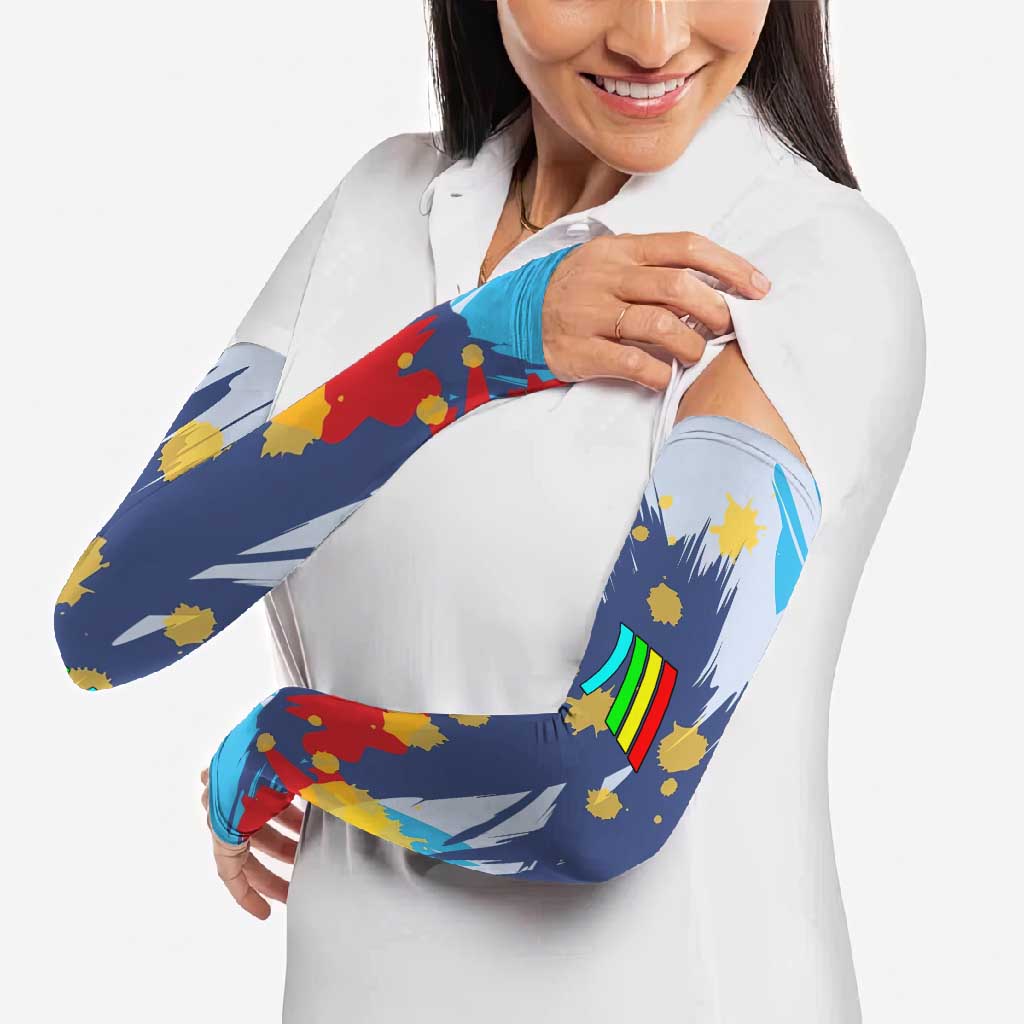 Dude I Said Friendly Graphic Arm Sleeves with Gold Paint Splatter and Retro Stripes