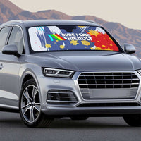 Dude I Said Friendly Graphic Auto Sun Shade with Gold Paint Splatter and Retro Stripes
