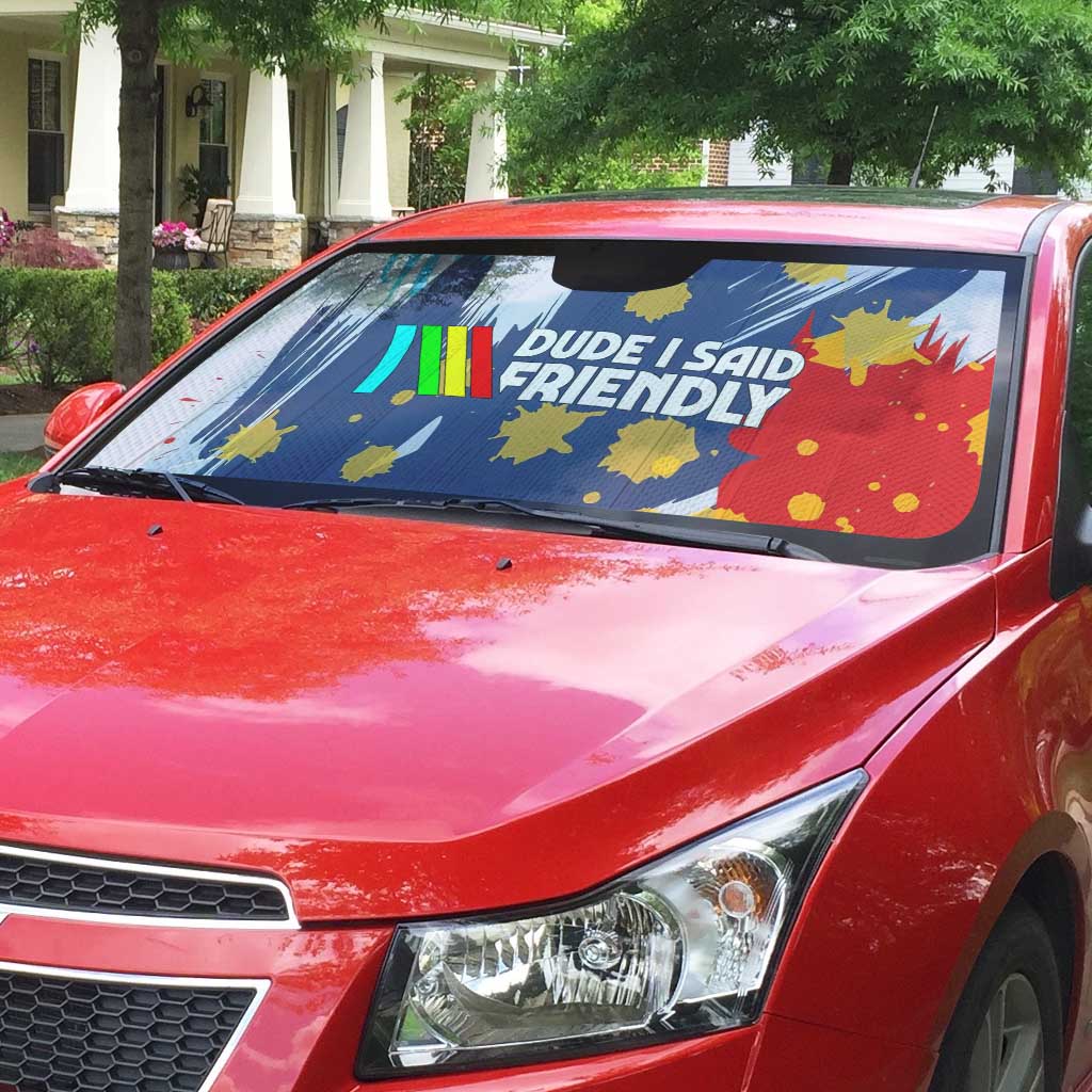 Dude I Said Friendly Graphic Auto Sun Shade with Gold Paint Splatter and Retro Stripes