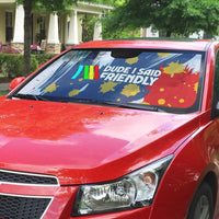 Dude I Said Friendly Graphic Auto Sun Shade with Gold Paint Splatter and Retro Stripes