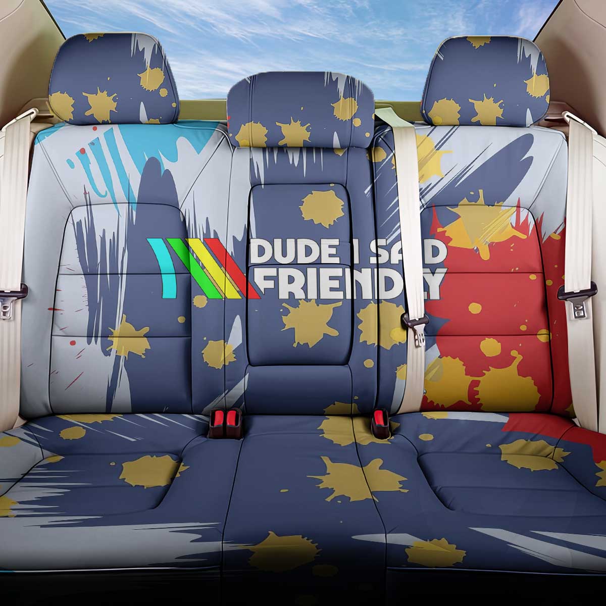 Dude I Said Friendly Graphic Back Car Seat Cover with Gold Paint Splatter and Retro Stripes
