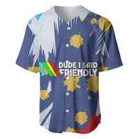 Dude I Said Friendly Graphic Baseball Jersey with Gold Paint Splatter and Retro Stripes