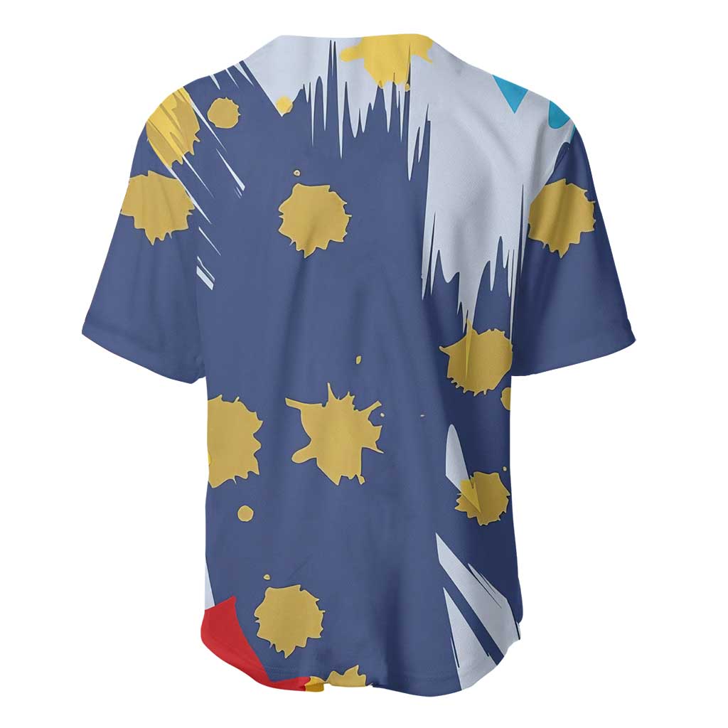 Dude I Said Friendly Graphic Baseball Jersey with Gold Paint Splatter and Retro Stripes