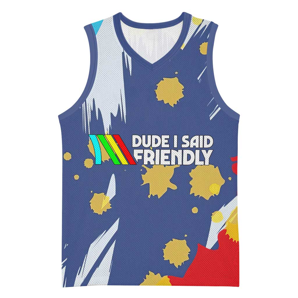 Dude I Said Friendly Graphic Basketball Jersey with Gold Paint Splatter and Retro Stripes