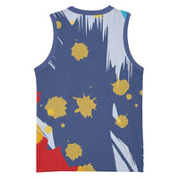 Dude I Said Friendly Graphic Basketball Jersey with Gold Paint Splatter and Retro Stripes
