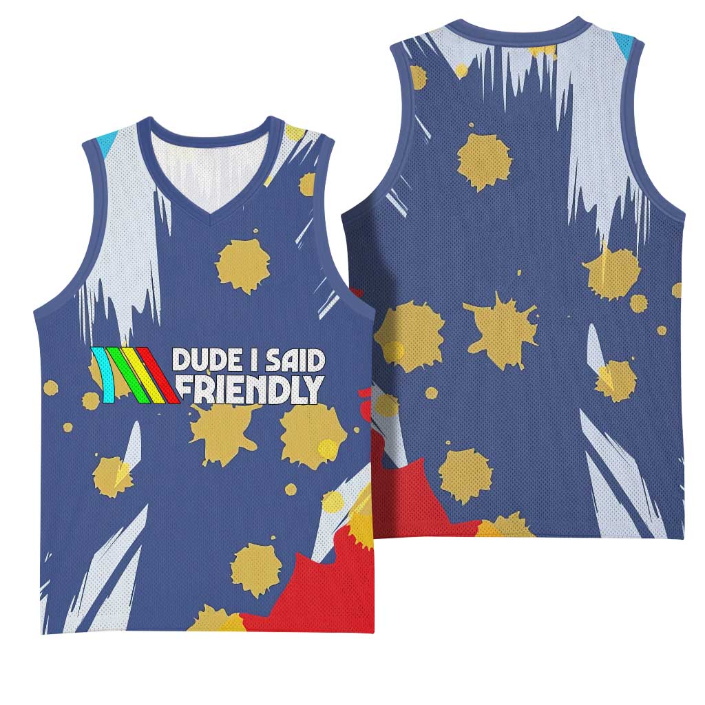 Dude I Said Friendly Graphic Basketball Jersey with Gold Paint Splatter and Retro Stripes
