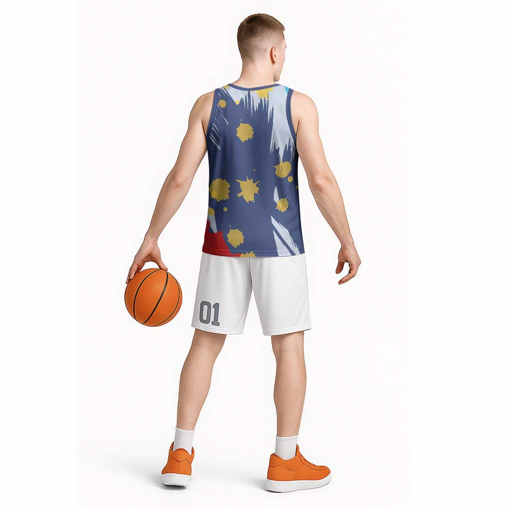 Dude I Said Friendly Graphic Basketball Jersey with Gold Paint Splatter and Retro Stripes