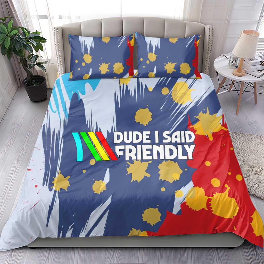 Dude I Said Friendly Graphic Bedding Set with Gold Paint Splatter and Retro Stripes
