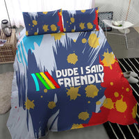 Dude I Said Friendly Graphic Bedding Set with Gold Paint Splatter and Retro Stripes