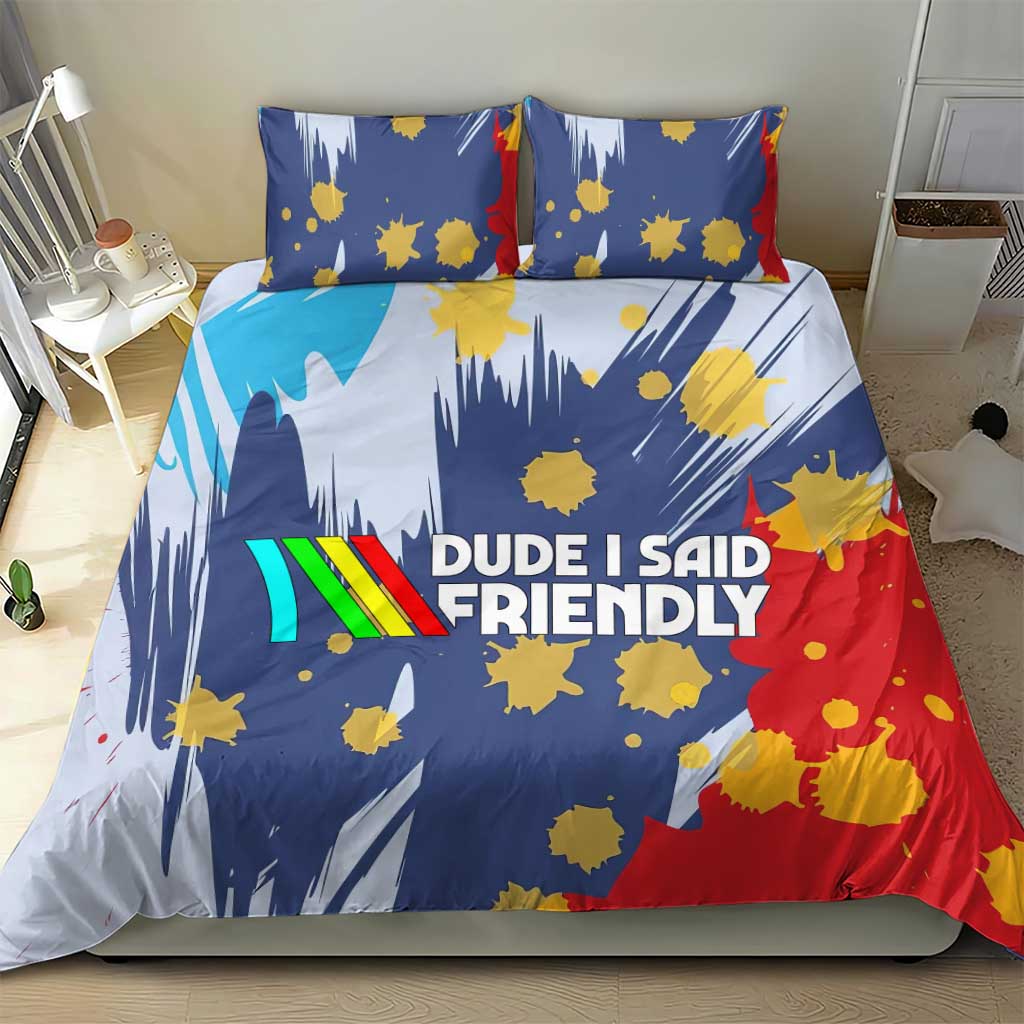 Dude I Said Friendly Graphic Bedding Set with Gold Paint Splatter and Retro Stripes