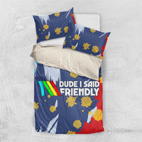 Dude I Said Friendly Graphic Bedding Set with Gold Paint Splatter and Retro Stripes