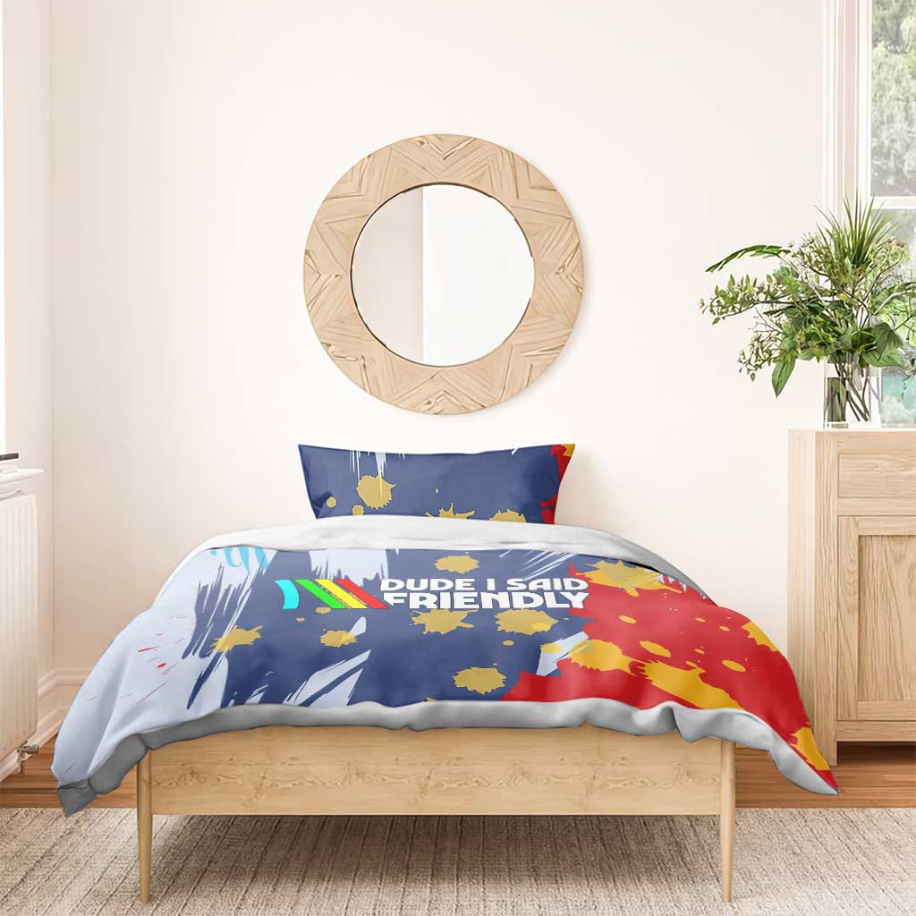 Dude I Said Friendly Graphic Bedding Set with Gold Paint Splatter and Retro Stripes
