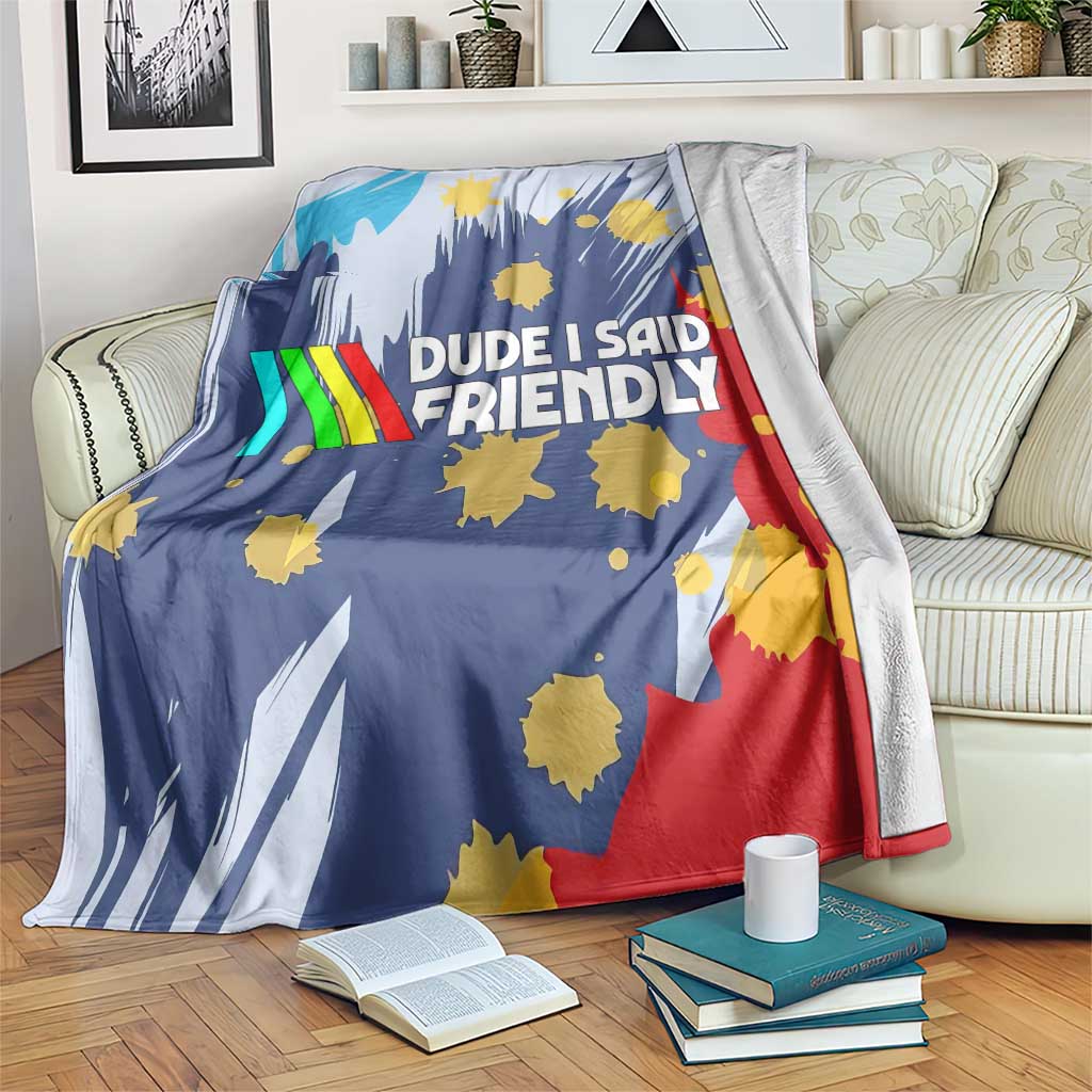 Dude I Said Friendly Graphic Blanket with Gold Paint Splatter and Retro Stripes
