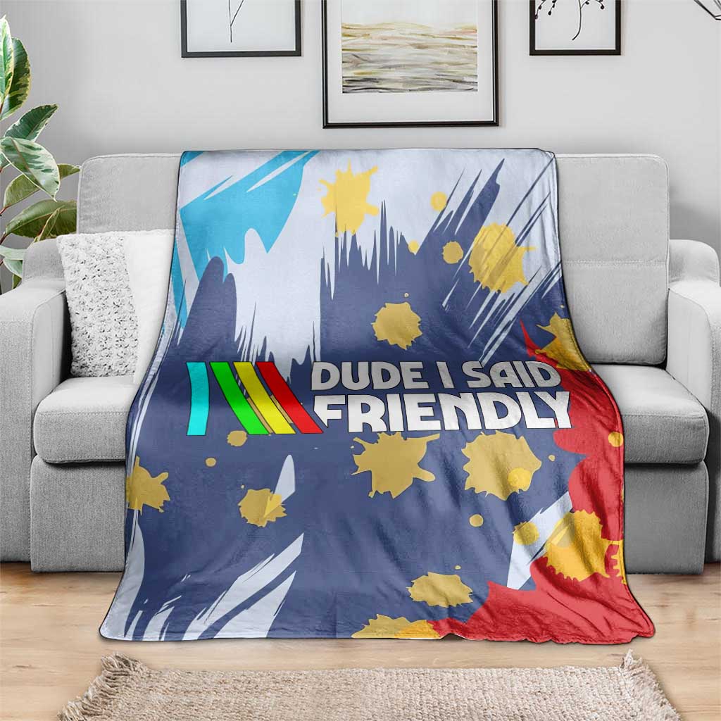 Dude I Said Friendly Graphic Blanket with Gold Paint Splatter and Retro Stripes