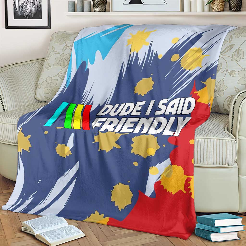 Dude I Said Friendly Graphic Blanket with Gold Paint Splatter and Retro Stripes
