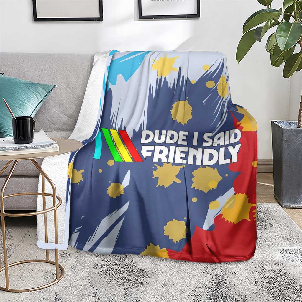 Dude I Said Friendly Graphic Blanket with Gold Paint Splatter and Retro Stripes