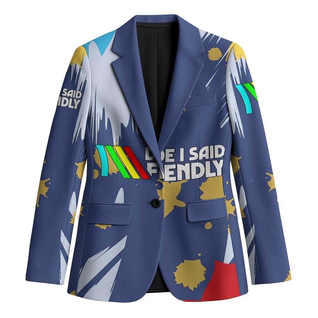 Dude I Said Friendly Graphic Blazer with Gold Paint Splatter and Retro Stripes