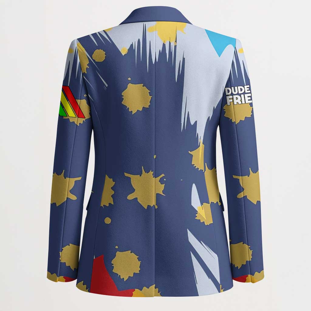 Dude I Said Friendly Graphic Blazer with Gold Paint Splatter and Retro Stripes