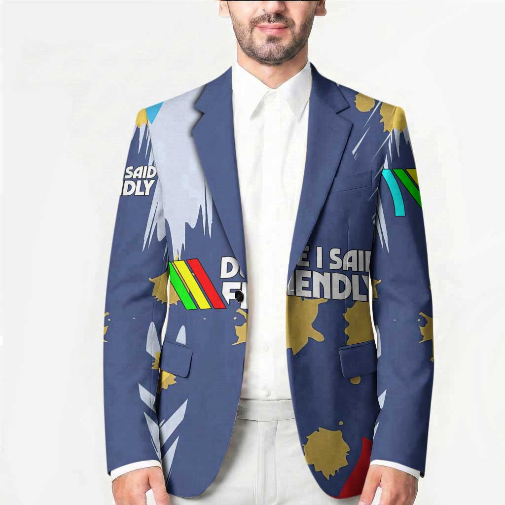 Dude I Said Friendly Graphic Blazer with Gold Paint Splatter and Retro Stripes
