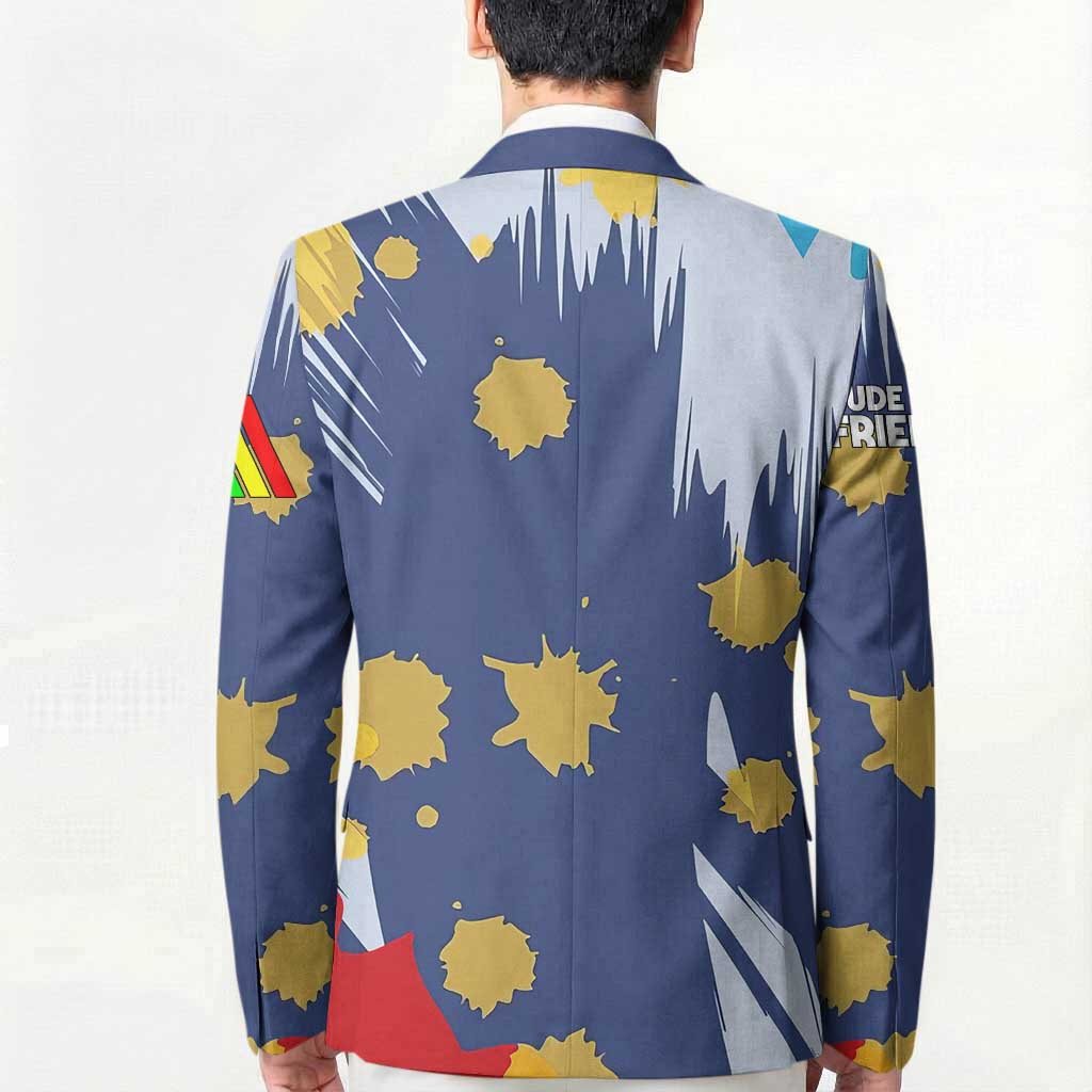 Dude I Said Friendly Graphic Blazer with Gold Paint Splatter and Retro Stripes