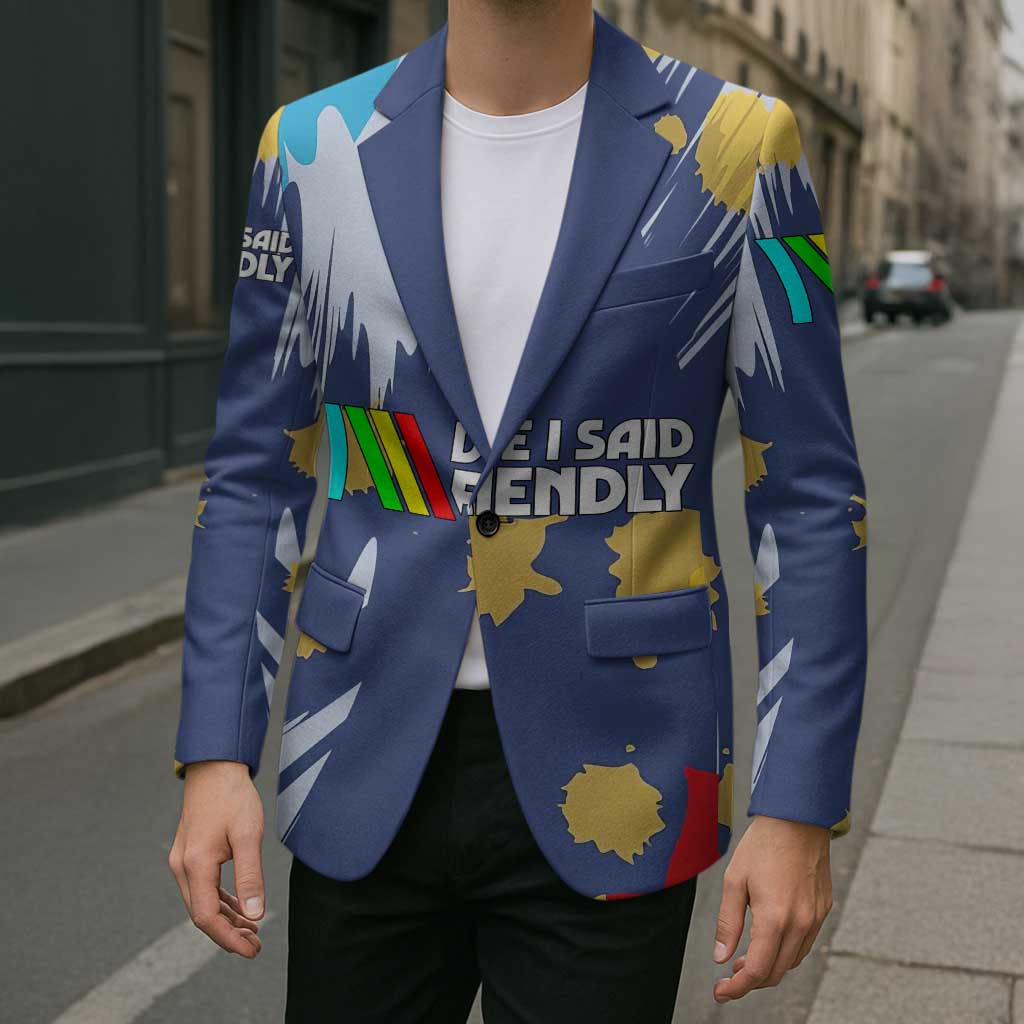 Dude I Said Friendly Graphic Blazer with Gold Paint Splatter and Retro Stripes