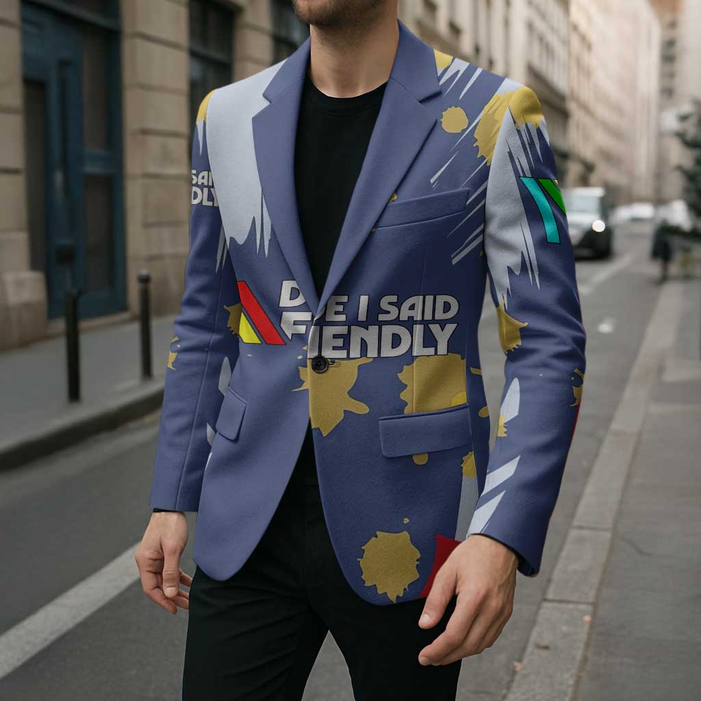 Dude I Said Friendly Graphic Blazer with Gold Paint Splatter and Retro Stripes