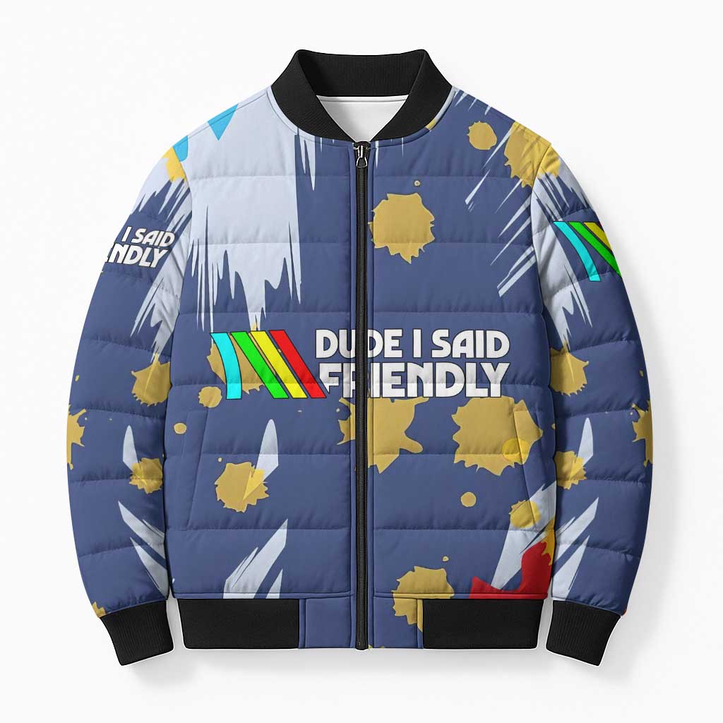 Dude I Said Friendly Graphic Bomber Puffer Jacket with Gold Paint Splatter and Retro Stripes