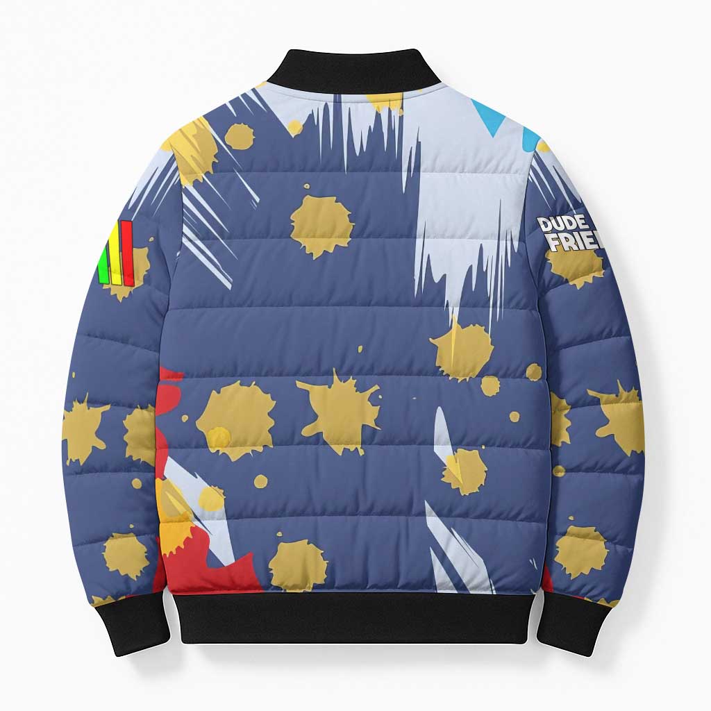 Dude I Said Friendly Graphic Bomber Puffer Jacket with Gold Paint Splatter and Retro Stripes