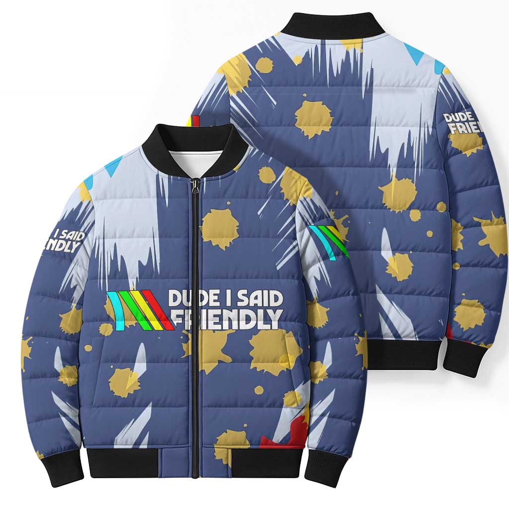 Dude I Said Friendly Graphic Bomber Puffer Jacket with Gold Paint Splatter and Retro Stripes