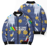 Dude I Said Friendly Graphic Bomber Puffer Jacket with Gold Paint Splatter and Retro Stripes