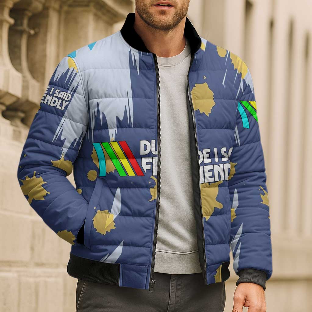Dude I Said Friendly Graphic Bomber Puffer Jacket with Gold Paint Splatter and Retro Stripes
