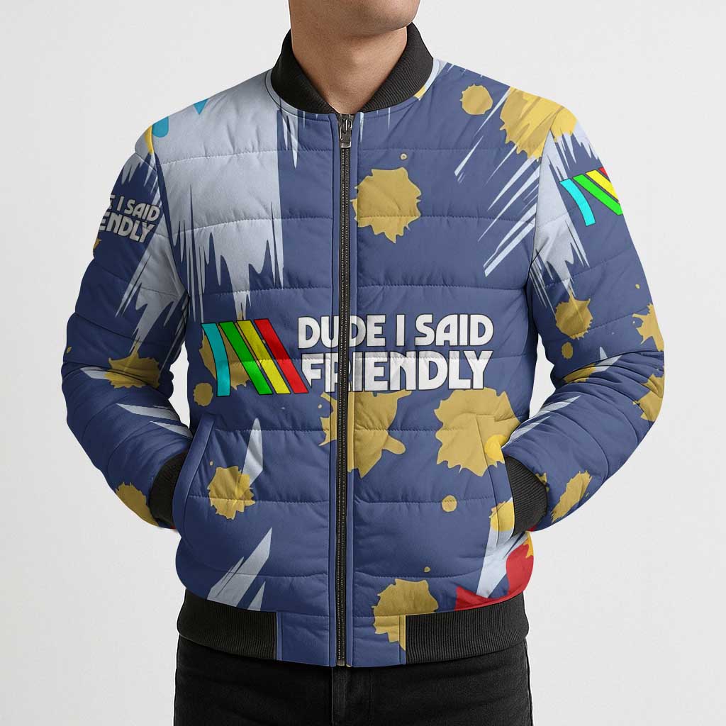 Dude I Said Friendly Graphic Bomber Puffer Jacket with Gold Paint Splatter and Retro Stripes