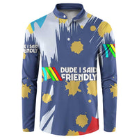 Dude I Said Friendly Graphic Button Sweatshirt with Gold Paint Splatter and Retro Stripes