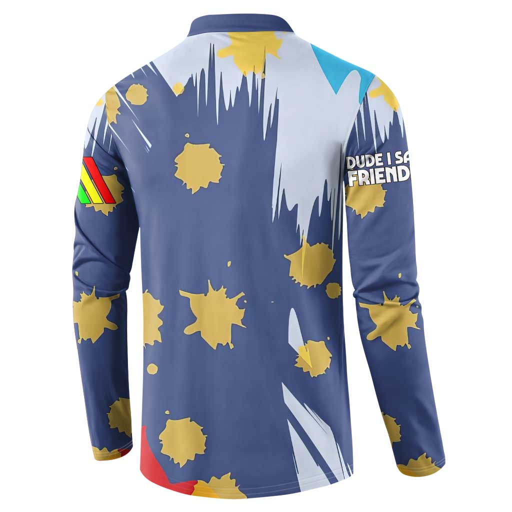 Dude I Said Friendly Graphic Button Sweatshirt with Gold Paint Splatter and Retro Stripes