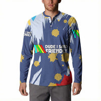 Dude I Said Friendly Graphic Button Sweatshirt with Gold Paint Splatter and Retro Stripes