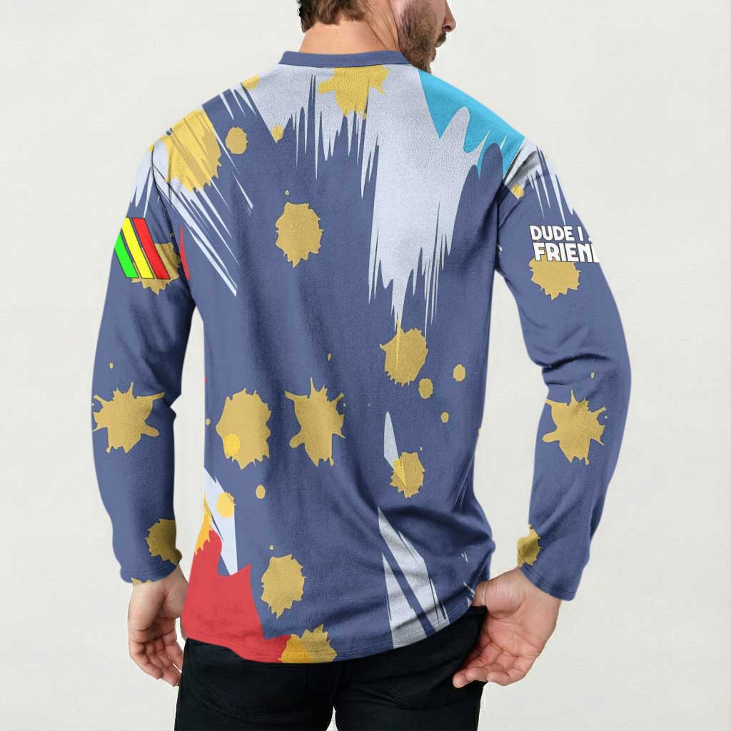 Dude I Said Friendly Graphic Button Sweatshirt with Gold Paint Splatter and Retro Stripes