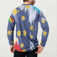 Dude I Said Friendly Graphic Button Sweatshirt with Gold Paint Splatter and Retro Stripes