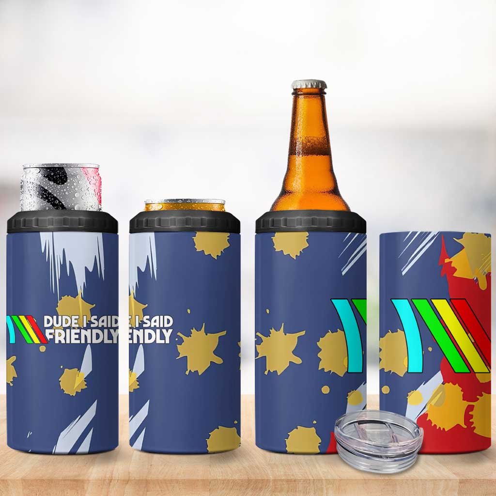 Dude I Said Friendly Graphic 4 in 1 Can Cooler Tumbler with Gold Paint Splatter and Retro Stripes
