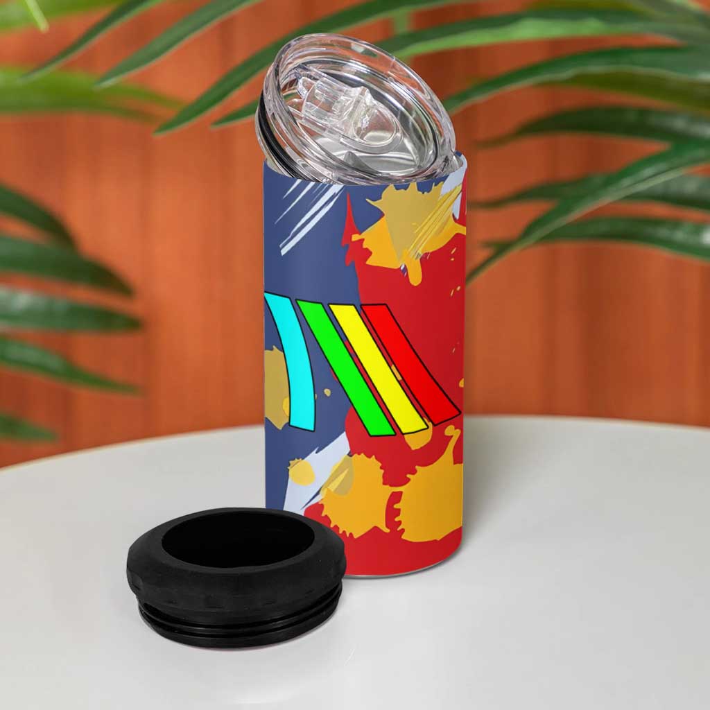 Dude I Said Friendly Graphic 4 in 1 Can Cooler Tumbler with Gold Paint Splatter and Retro Stripes